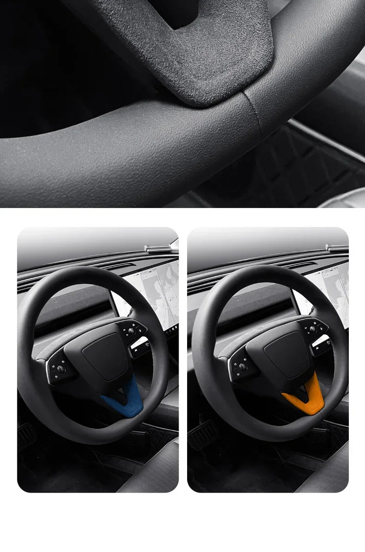 Suede U-Shaped Steering Wheel Patch Cover for Tesla Model 3 Highland 2024 Alcantara is available at Ludicrous EV.
