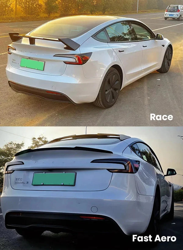 Black Carbon Rear Spoiler Wing for Tesla Model 3 Highland 2024 is available at Ludicrous EV.
