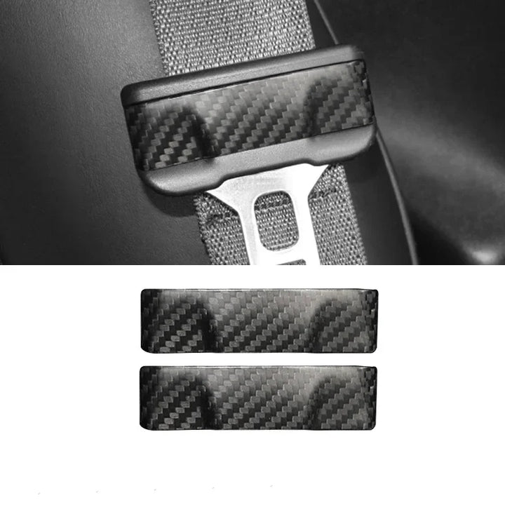 Real Carbon Fiber Seatbelt Buckle Covers for Tesla Model 3/Y is available at Ludicrous EV.
