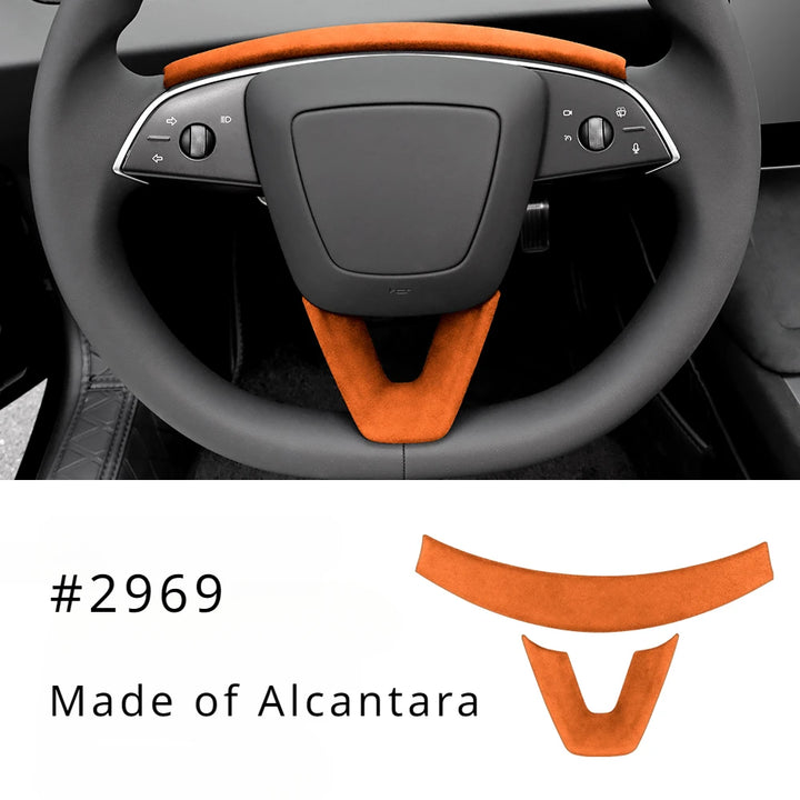 U-shaped Alcantara suede steering wheel panel designed for Tesla Model 3+ with the interior of a car steering wheel in the background.