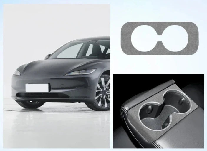 Alcantara Suede Rear Water Cup Frame/Sticker for Tesla Model 3+ Highland is available at Ludicrous EV.