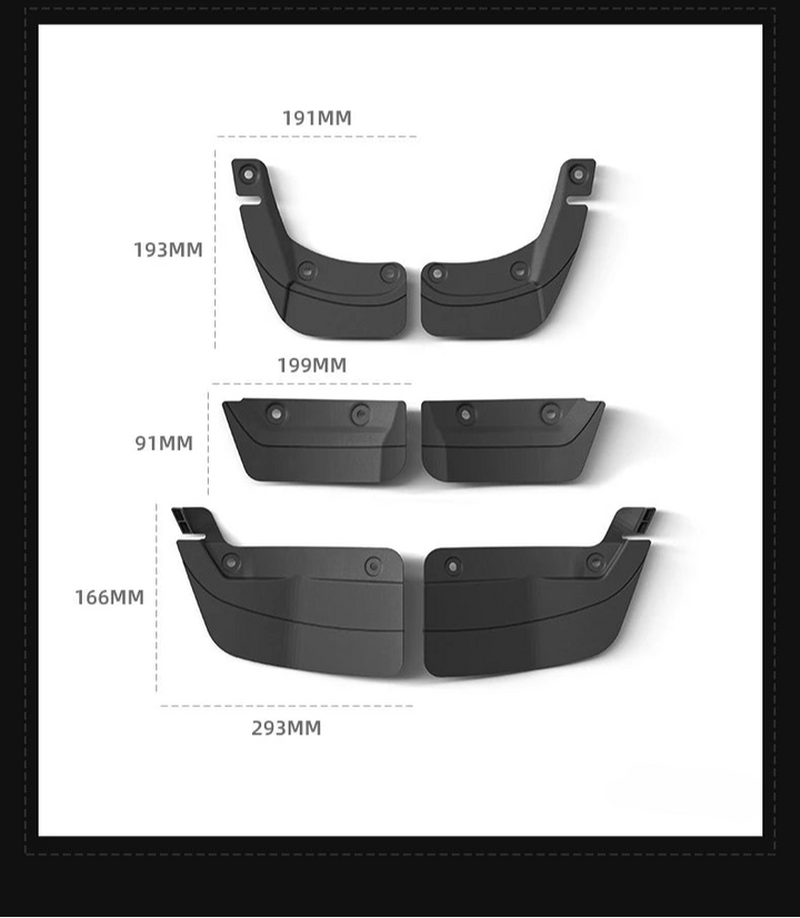 Set of black car mud flaps with measurements on a white background