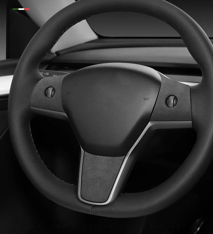 3-Piece Steering Wheel Panel Cover Set for Tesla Model Y/Model 3 Alcantara at Ludicrous EV.