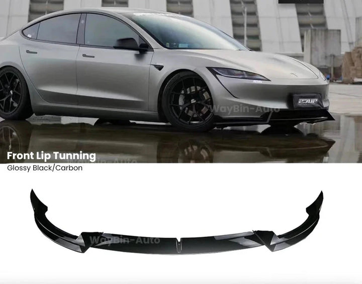 Glossy Black Carbon Front Lip Spoiler for Tesla Model 3 Highland  is available at Ludicrous EV.