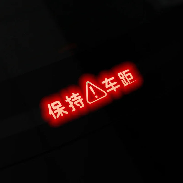 A collage of images showing brake light stickers for Tesla Model 3/3+ Highland. The stickers are displayed in red color with text and symbols, and are shown in various states of application including the packaging, the car trunk, and the vehicle itself.