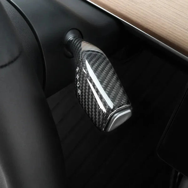 Real Dry Carbon Fiber Gear Lever Patch for Tesla Model 3/Y is available at Ludicrous EV.