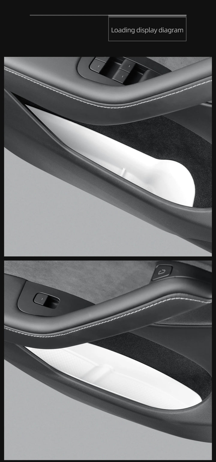 Anti-Dirt Side Door Handle Storage Organizer Tray, Front and Rear Doors for Tesla Model Y 2024 is available at Ludicrous EV.
