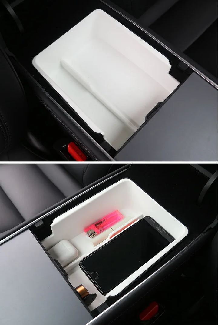 Double Layered White Center Armrest Box for Tesla Model 3/Model  Y is available at Ludicrous EV.