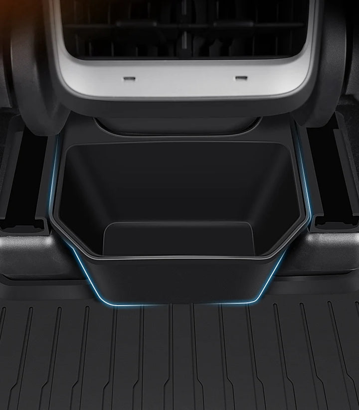 TPE Under-Seat Storage Box with Trash Can for Tesla Model Y 2021-2024 is available at Ludicrous EV.
