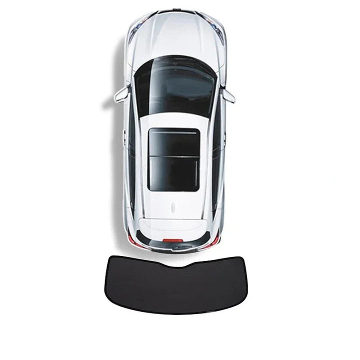 Car window sunshades installed on the interior windshield of a Tesla Model 3, showing the product in use within the vehicle's interior.