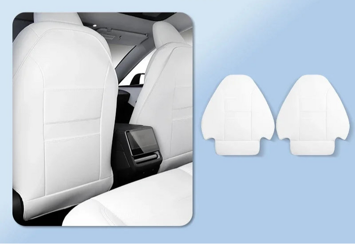 Black faux leather seat backrest protective pad with text overlay indicating 'NEW! For Tesla Model 3+'
