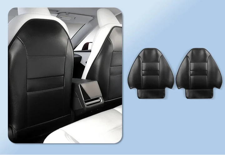 Black faux leather seat backrest protective pad with text overlay indicating 'NEW! For Tesla Model 3+'