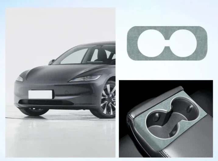 Alcantara Suede Rear Water Cup Frame/Sticker for Tesla Model 3+ Highland is available at Ludicrous EV.