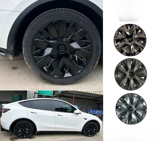 19-Inch Full Rim Wheel Cover – Glossy Black Gun Grey Petal Hubcaps for Tesla Model Y 2020-2024 at Ludicrous EV.