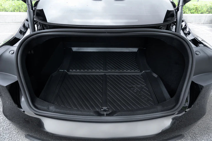 Black car with Model 3 trunk liner installed